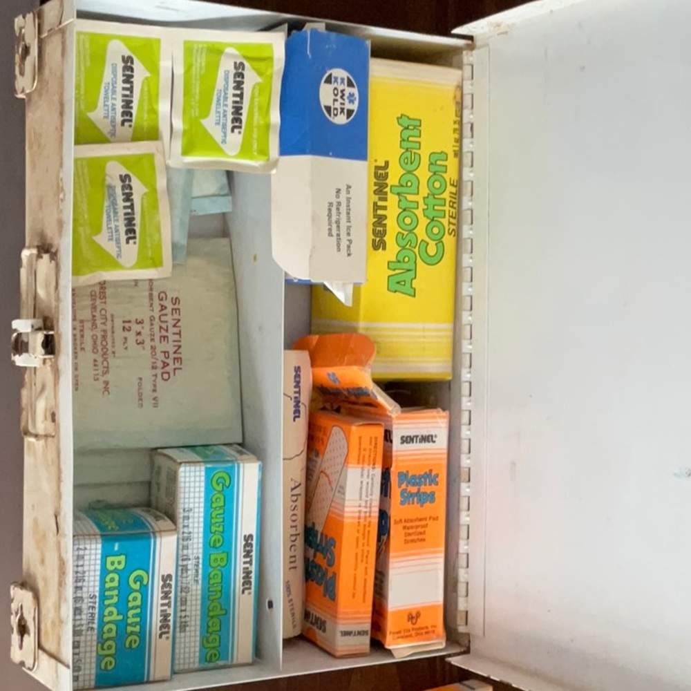 Vintage First Aid Kit in Metal Box.